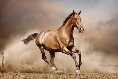 Golden Buckskin Akhal-Teke Horse Running Free in Desert Storm  Stunning Equine Portrait