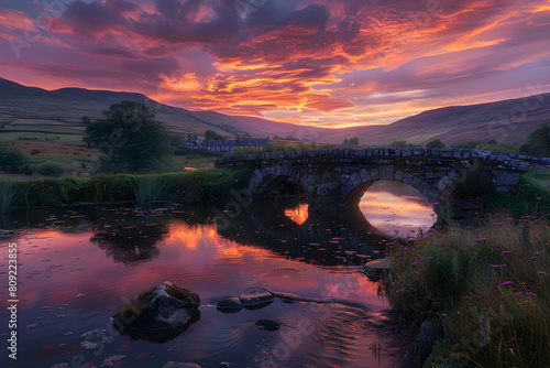 Tranquil Sunset Scenery in a UK National Park with Idyllic Hillside, Rustic Bridge & Reflective Water View