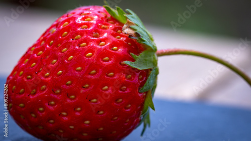 Close up of fresh strawberry showing seeds achenes. Details of a fresh ripe red strawberry. photo