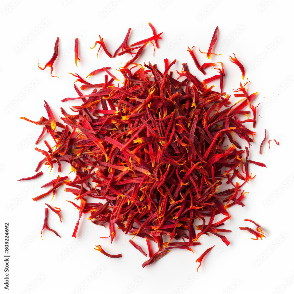 Fototapeta premium Top view of saffron threads scattered delicately, isolated on white background