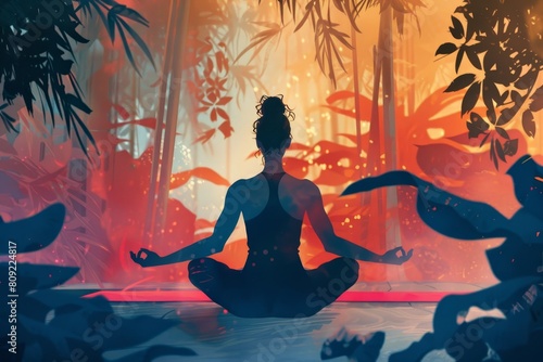 A woman sits in a lotus position amidst a forest setting, A digital animation showing the transformation of the body and mind through a series of yoga poses photo