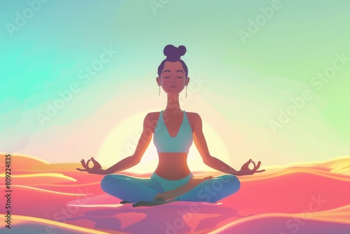 Woman Meditating in Lotus Position in Desert  A digital animation showing the transformation of the body and mind through a series of yoga poses