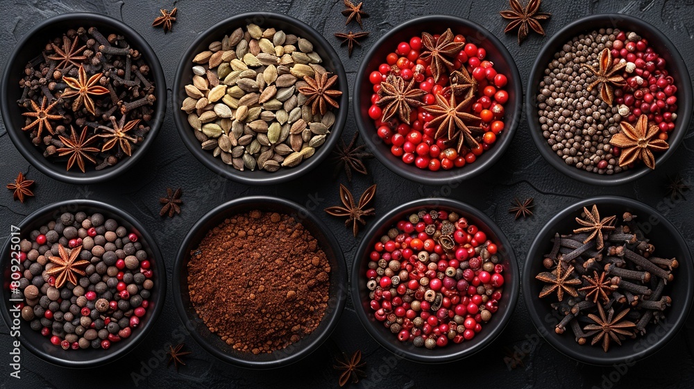 A countertop filled with bowls of different spice blends and an array of individual spices is displayed A countertop filled with bowls of different spice blends and an array of individual spices is displayed