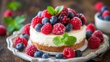   A tight shot of a cake slice on a plate, adorned with raspberries, blueberries, and more raspberries