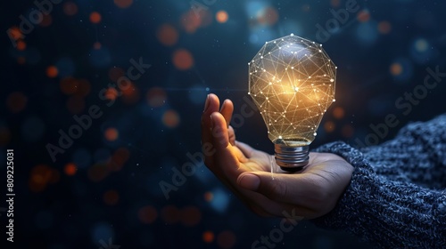 Hand grasping an abstract glowing polygonal lamp composed of interconnected points set against a dark background, symbolizing knowledge. Presented in 3D rendering.