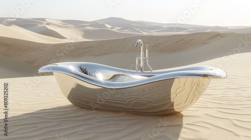 Standalone bathtub in a desert setting, wide shot. Unique and luxury bathroom design concept. Design for travel and lifestyle magazine, architectural digest