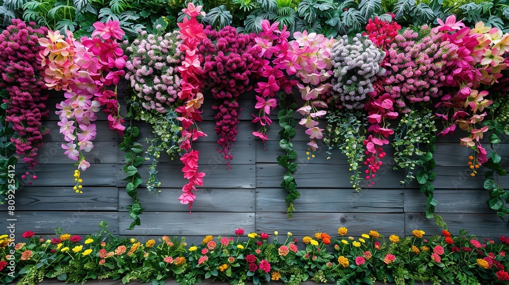 A wooden wall adorned with vibrant flowers and lush foliage on either side A wooden wall adorned with vibrant flowers and lush foliage on either side