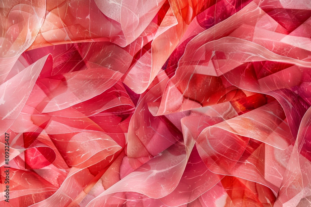 A digital collage showing a large amount of pink and red fabric piled on top of each other, A digital collage featuring overlapping prosciutto slices A digital collage showing a large amount of pink and red fabric piled on top of each other, A digital collage featuring overlapping prosciutto slices
