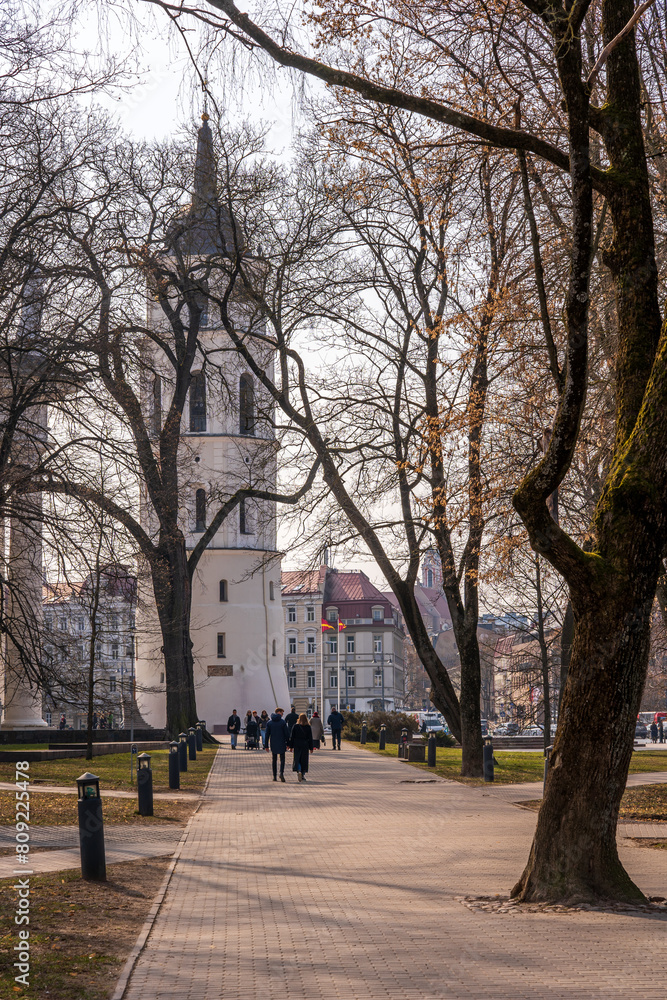 Vilnius, Lithuania. View Of Bell Tower Of Cathedral Basilica Of St. Stanislaus And St. Vladislav On Cathedral Square, Famous Landmark.