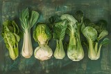 Various green vegetables like bok choy arranged neatly on a wooden table, A digital collage incorporating bok choy alongside other produce
