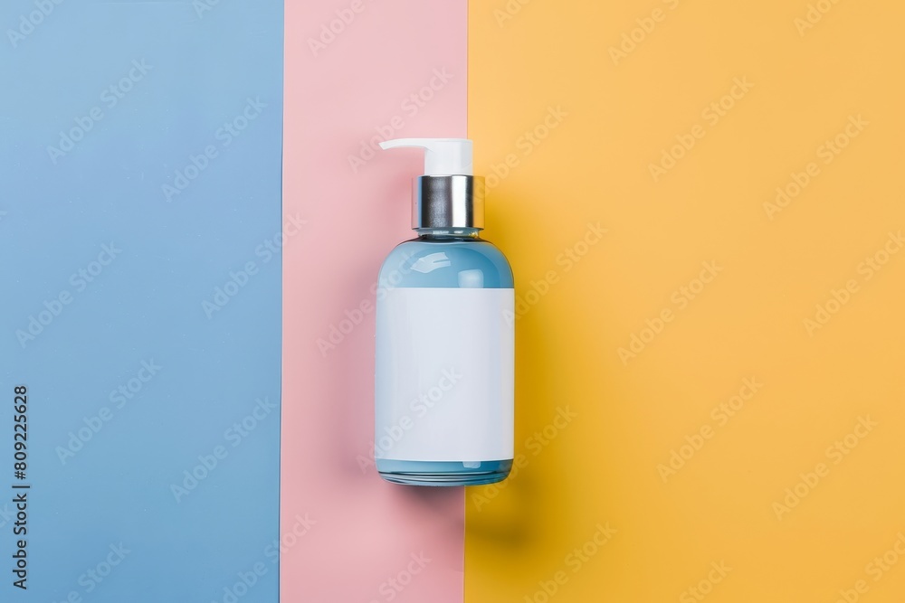 A bottle of blue liquid is on a yellow background