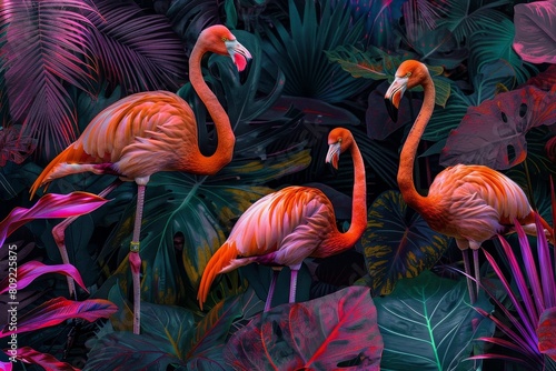 Fototapeta Naklejka Na Ścianę i Meble -  Group of pink flamingos standing in lush jungle habitat, A digital collage of flamingos blended with tropical foliage