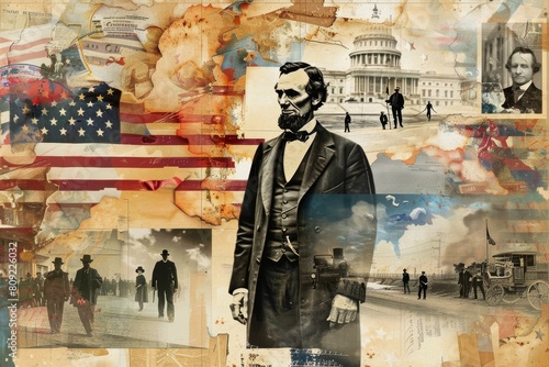 Collection of varied historical photographs and illustrations featuring Abraham Lincoln, A digital collage of historical photos and illustrations celebrating American history photo