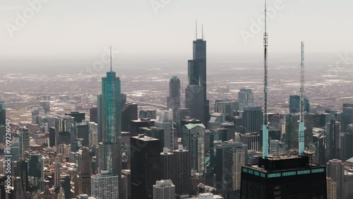 Element of Chicago downtown skyline on day. Drone aerial view photo