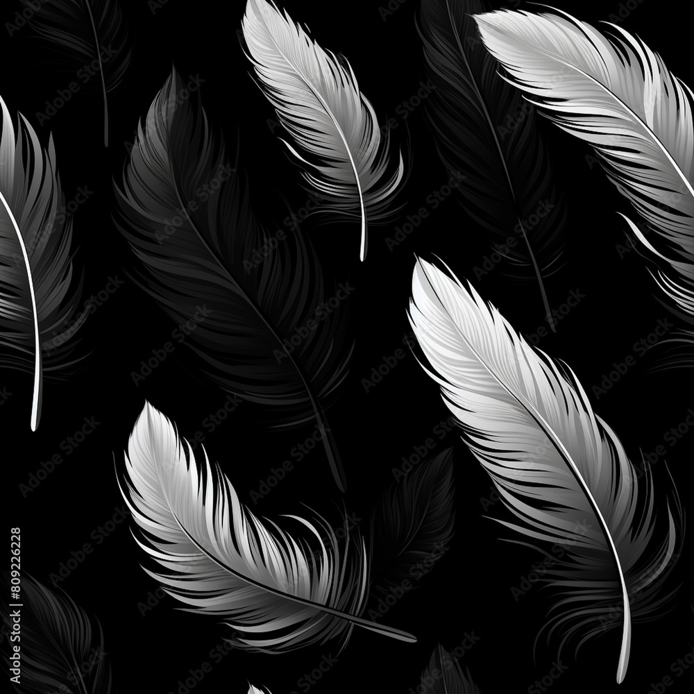black and white feather pattern on dark background, abstract seamless design, interior design, wallpaper