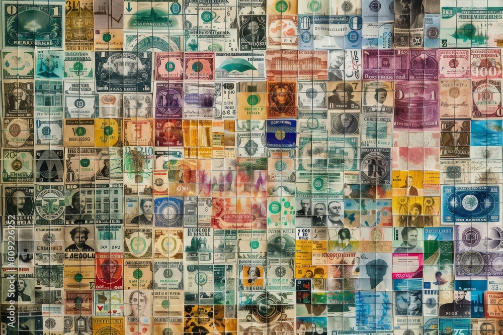 Assorted international currency bills creatively arranged in a digital collage, A digital collage of various currencies from around the world