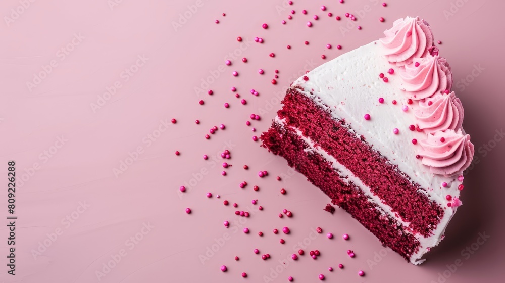 Close-up of a pink cake slice with rosy frosting and multicolor sprinkles against a matching pink backdrop Close-up of a pink cake slice with rosy frosting and multicolor sprinkles against a matching pink backdrop