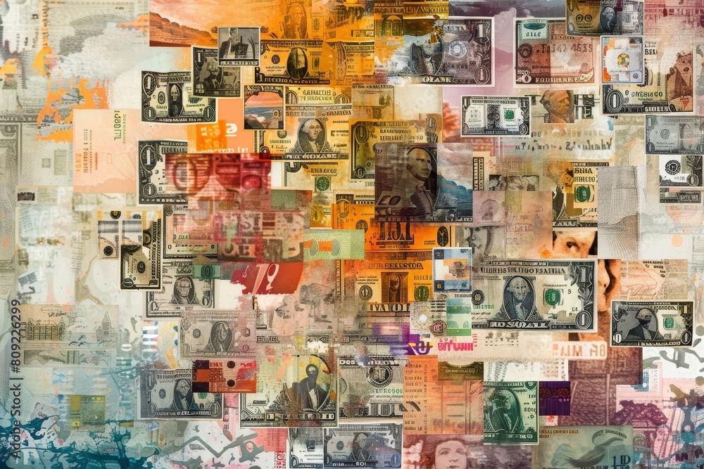 Various international currencies arranged in a digital collage, A digital collage of various currencies from around the world