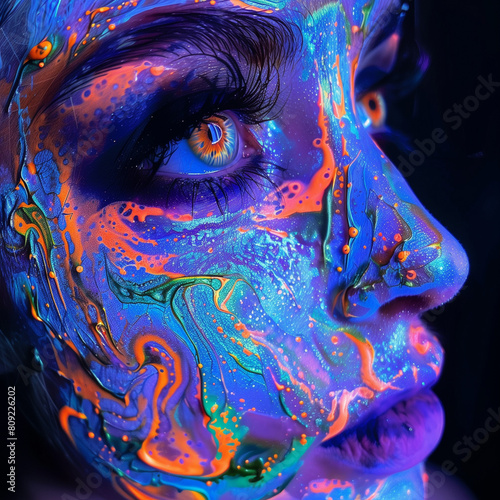 A vibrant close-up portrait of a woman with painted face, showcasing her expressive eyes and natural beauty amidst a colorful backdrop of red, green, and blue hues