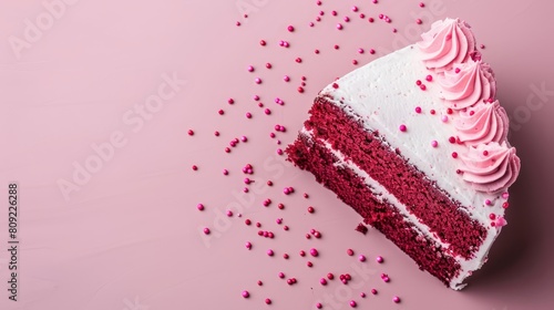   Close-up of a pink cake slice with rosy frosting and multicolor sprinkles against a matching pink backdrop