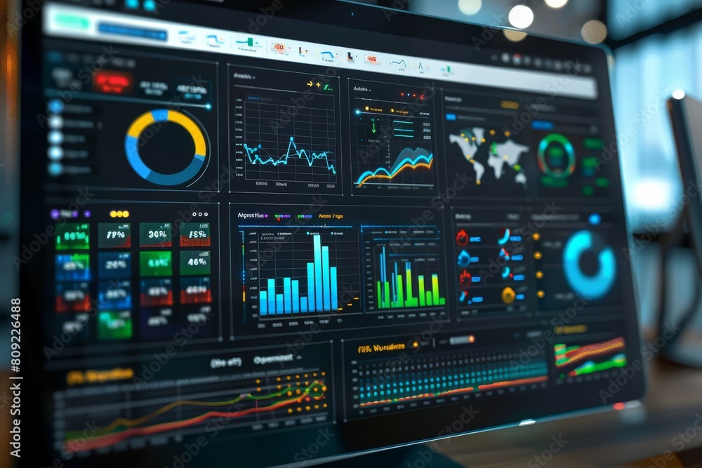 A computer screen displaying a plethora of data and information related to key performance indicators, A digital dashboard tracking key performance indicators A computer screen displaying a plethora of data and information related to key performance indicators, A digital dashboard tracking key performance indicators