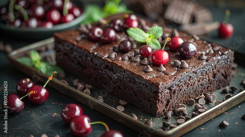   A scrumptious chocolate cake adorned with juicy cherries and rich chocolate chips on a shiny metal serving platter alongside a fruitful plate of cherries