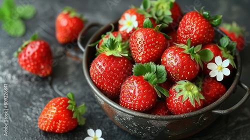   A macro shot featuring a bowl full of ripe red strawberries and a delicate white flower placed elegantly beside it