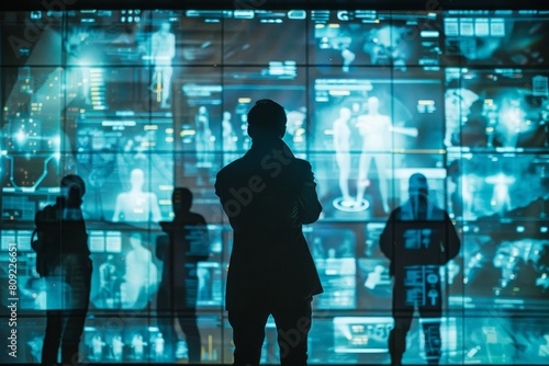 Silhouette of a woman standing in front of a wall displaying various images, A digital display of intercepted communications being analyzed by intelligence agents
