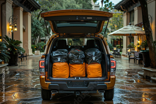 Two men are walking out of a truck with luggage photo