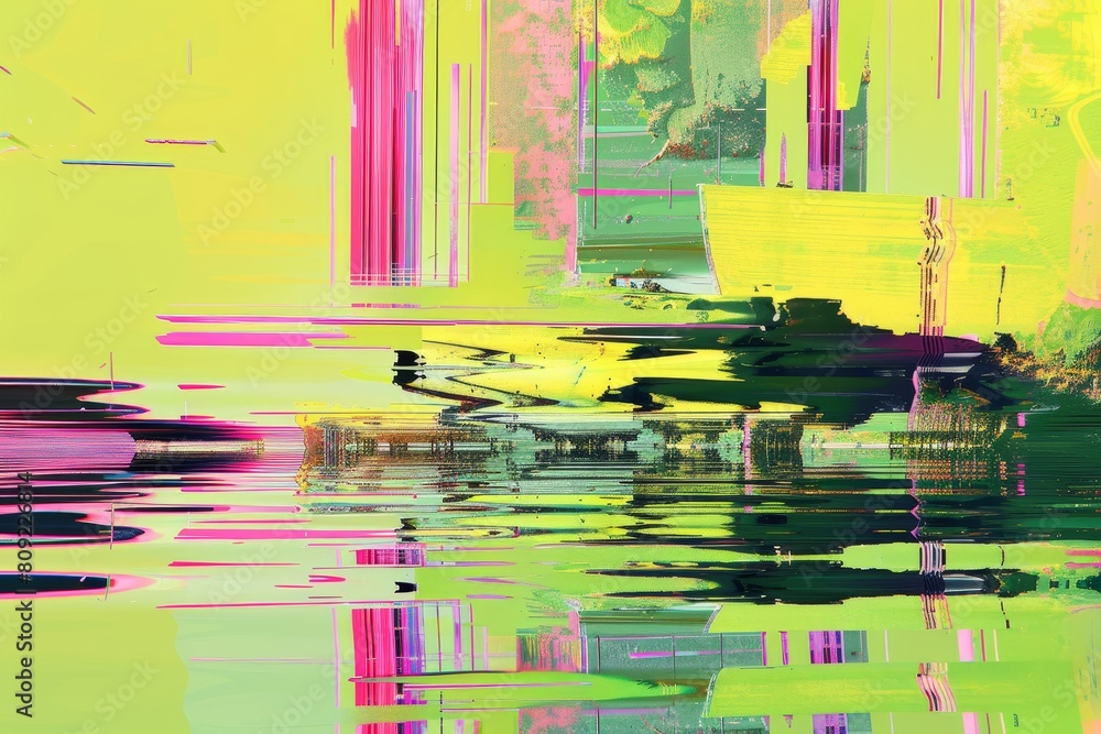 A painting of a boat sailing on a distorted body of water, showcasing digital glitch art composition, A digital glitch art composition with distorted shapes and lines on a lime green background