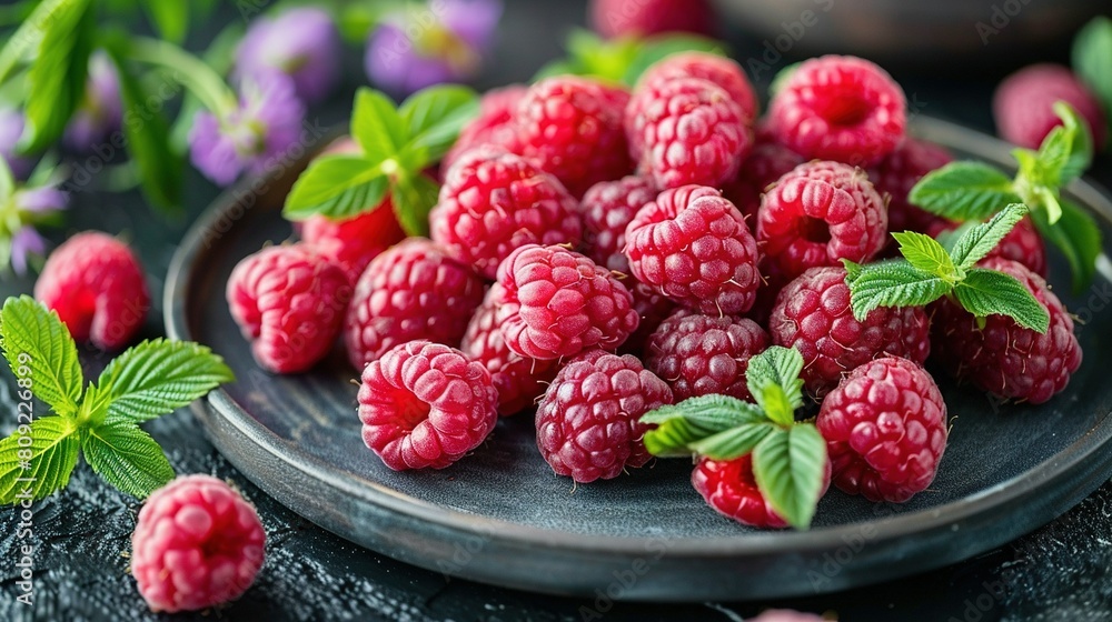A close-up of a plate of juicy raspberries on a wooden table surrounded by vibrant green foliage and colorful flowers A close-up of a plate of juicy raspberries on a wooden table surrounded by vibrant green foliage and colorful flowers