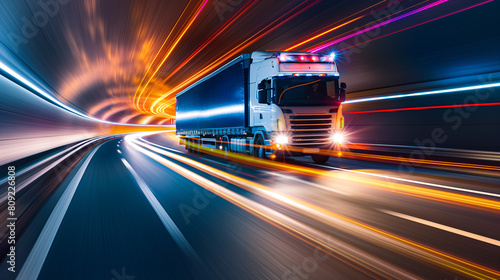 Cargo truck running on the city highway at night in full speed. In the style of long exposure motion blur
