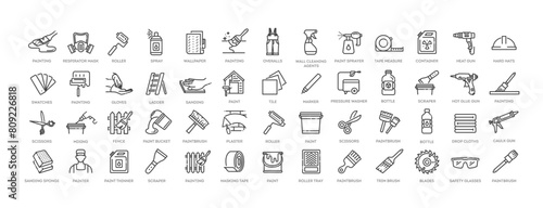 Set of outline painting decorating icons. Home renovation equipment