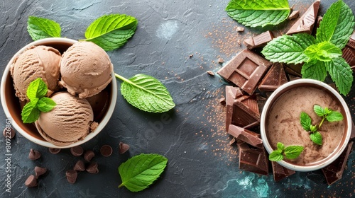   Three scoops of chocolate ice cream on a slate surface, topped with mint sprigs and chocolate chunks photo