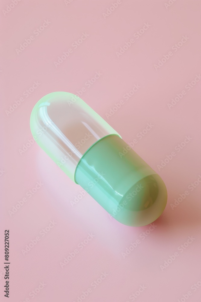 Green capsule pill on pink background. Close-up photography. Pharmaceutical and health concept. Design for banner, poster, print. Green capsule pill on pink background. Close-up photography. Pharmaceutical and health concept. Design for banner, poster, print.