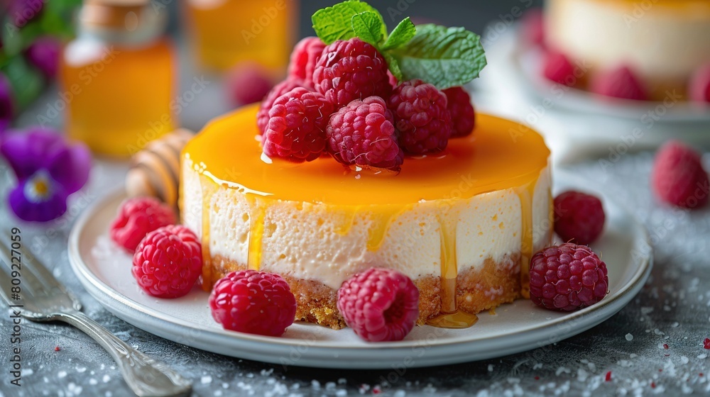 Cheesecake with raspberries on a plate with fork and orange juice Cheesecake with raspberries on a plate with fork and orange juice