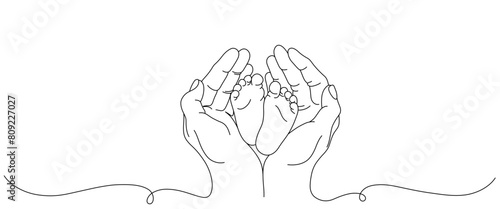 baby's feet held by parents line art style. children's day and father's day elements