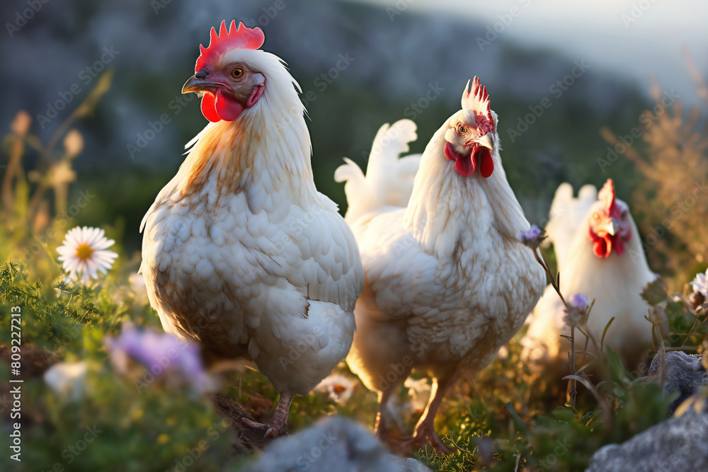 Fototapeta premium Portrait of chickens on a green grass meadow in mountains, bright sunny day, on a ranch in the village, rural surroundings on the background of spring nature