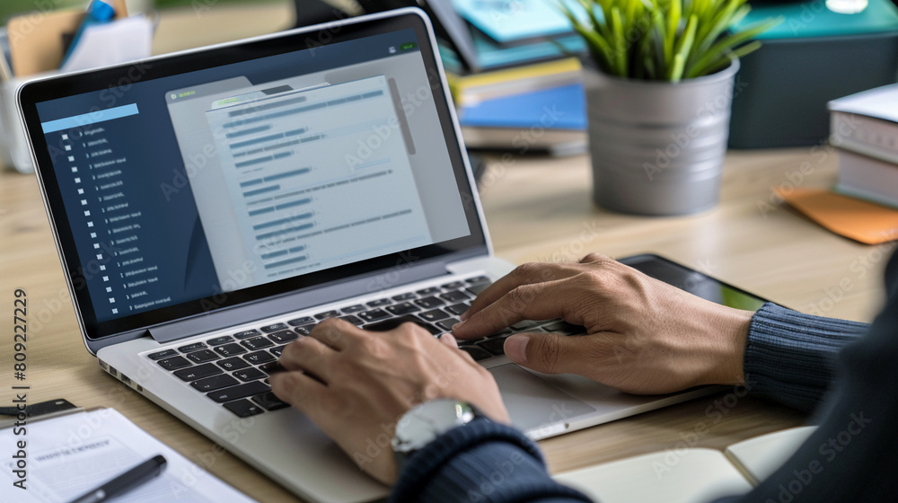 Email communication in a modern office setting, showing a professional drafting an important message on a sleek, minimalist laptopClose-up Email communication in a modern office setting, showing a professional drafting an important message on a sleek, minimalist laptopClose-up