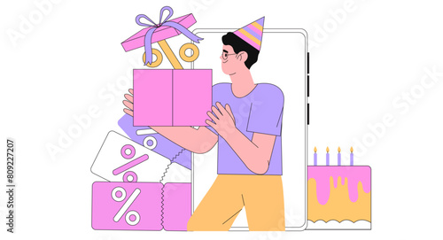 Character receive online reward, bonus or discount in mobile application on birthday. Man standing near smartphone with gift box and collect bonuses coupon for loyalty program on b-day in app.