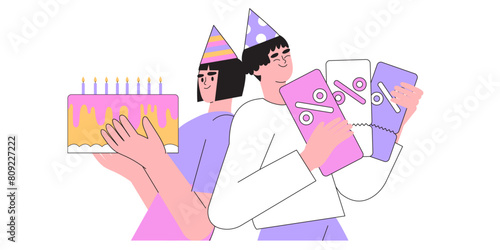 Characters receive online reward, bonus or discount on birthday as loyal customers. Woman and man stand with birthday cake and hold bonuses coupon for loyalty program on b-day. People receive gifts.