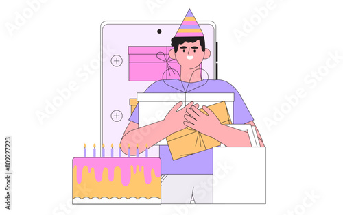 Character receive online reward, bonus or discount in mobile application on birthday. Man standing near smartphone with gift box and collect bonuses coupon for loyalty program on b-day in app.