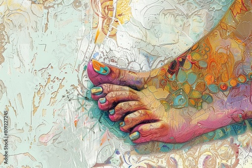 An impressionist painting depicting a persons foot adorned with vibrant red nail polish, A digital impressionist painting of a foot adorned with intricate nail art