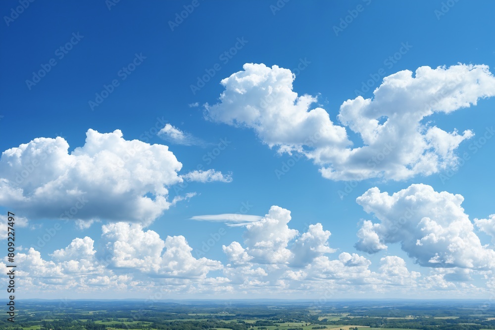 aerial view of beautiful landscape with blue sky, white cumulus clouds and plain with fields and trees for abstract background aerial view of beautiful landscape with blue sky, white cumulus clouds and plain with fields and trees for abstract background