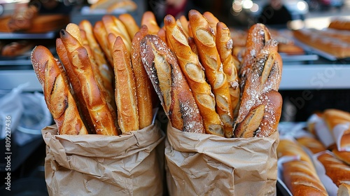  A few bags of bread atop a wooden table near a stack of breadsticks