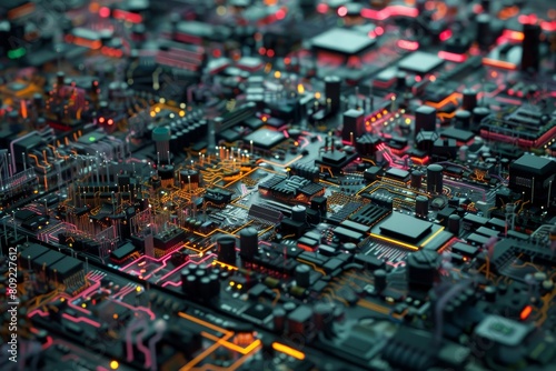 Close-up of a complex computer motherboard showing interconnected wires and circuits, A digital landscape of interconnected wires and circuits