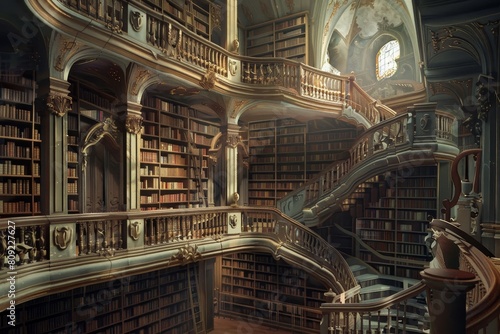 A staircase in a library surrounded by numerous books  showcasing the vast collection of educational resources available  A digital library with endless resources for learning