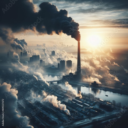 Factory chimneys smoke throughout the city, ecology, clean air