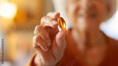 Smiling senior woman holding a supplement capsule. Health and wellness. Focus on pill. Lifestyle photography. Elderly care concept. AI © Irina Ukrainets