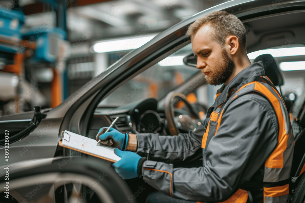Professional Vehicle Inspection by Mechanic Writing on Clipboard Professional Vehicle Inspection by Mechanic Writing on Clipboard